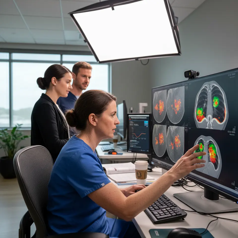 A radiology workstation displaying mammography and CT scan images overlaid with AI-generated heatmaps that highlight microcalcifications and lung nodules, as a radiologist examines suspicious tumor regions in real time