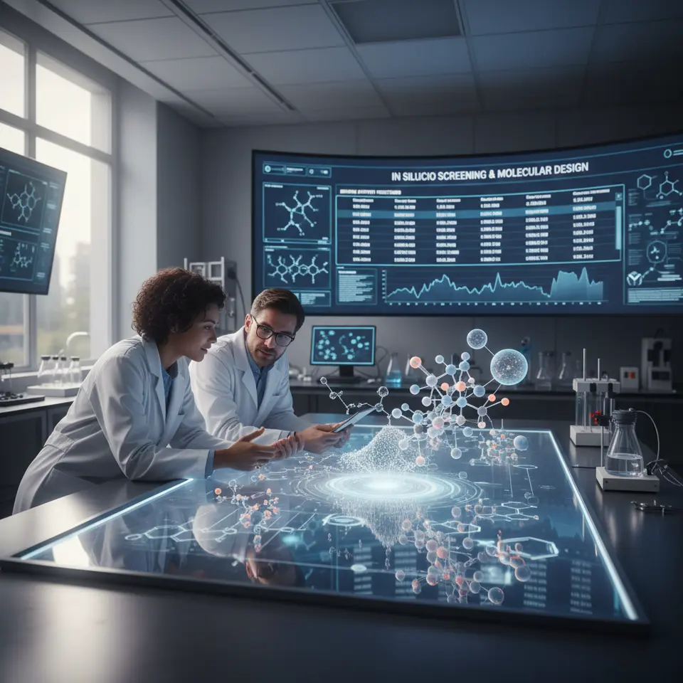 A futuristic drug-discovery lab scene showing an AI interface running in silico screening and molecular design: 3D chemical structures emerging from a neural network, binding-affinity predictions on a screen, and researchers reviewing novel candidate compounds
