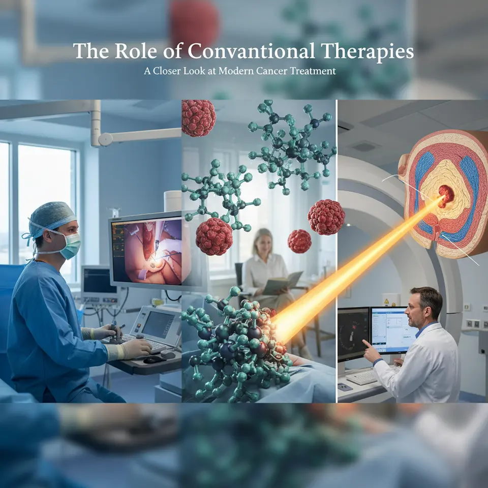 The Role of Conventional Therapies: A dynamic collage showing a robotic-assisted surgeon operating via laparoscopic tools, a 3D molecular illustration of chemotherapy agents attacking cancer cells, and a focused proton beam therapy stream targeting a tumor while sparing healthy tissue.