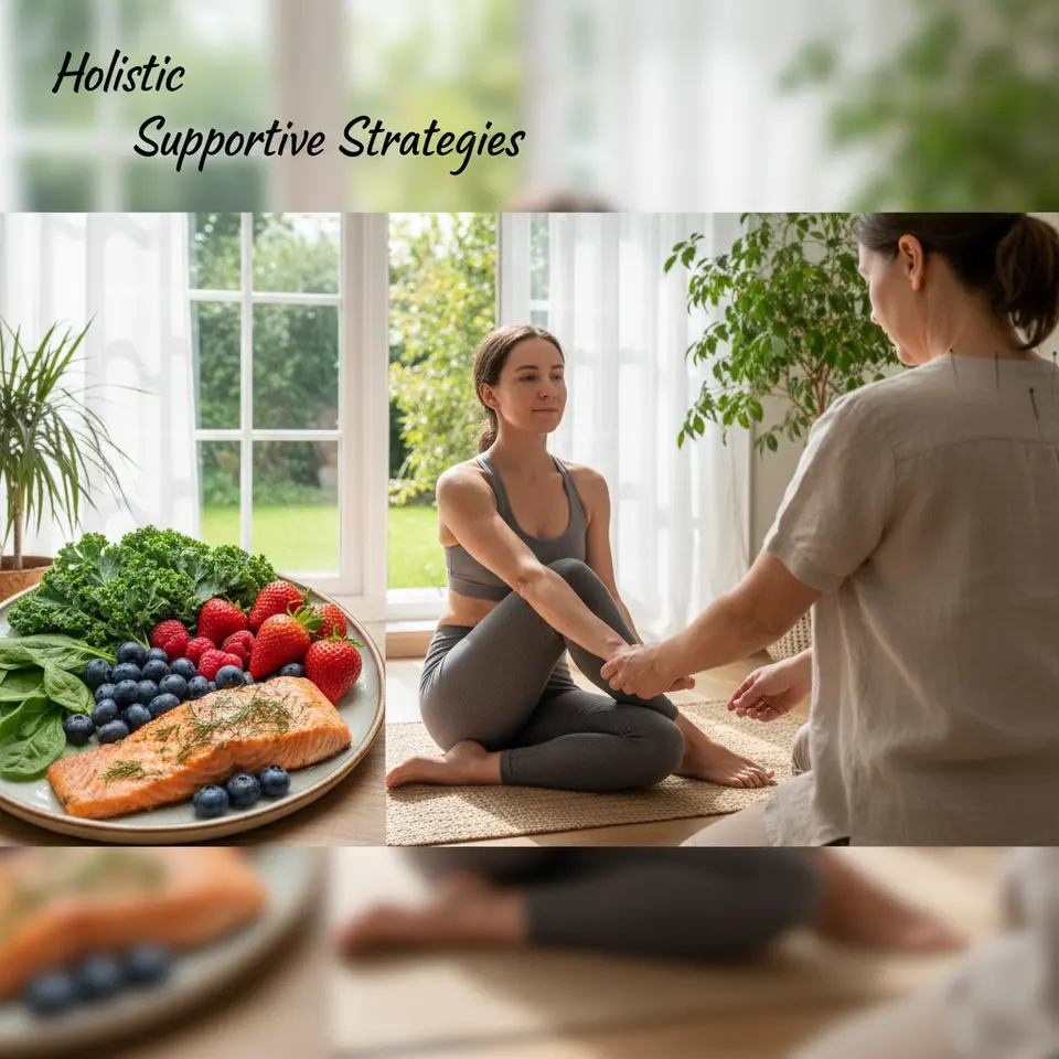 Holistic Supportive Strategies: A vibrant scene combining nutrient-dense foods on a plate (leafy greens, berries, fatty fish), a patient practicing gentle yoga by a window with soft sunlight, acupuncture needles placed along meridian points, and a therapist’s hands delivering a lymphatic massage.
