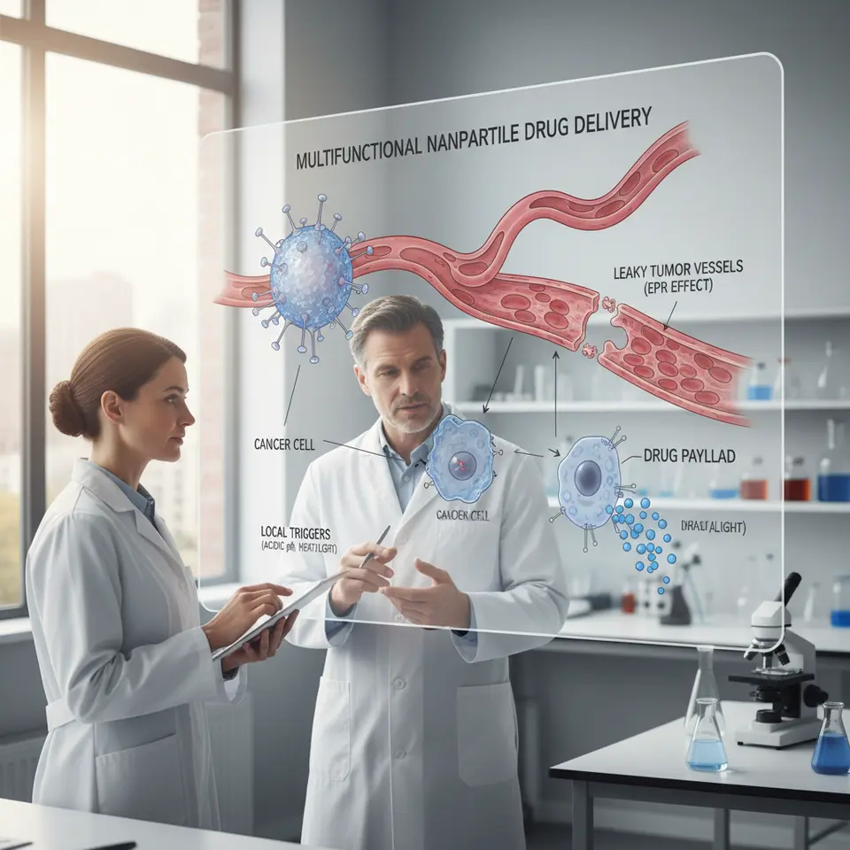 Multifunctional nanoparticle drug delivery: an infographic showing a single nanoscale carrier navigating bloodstream, extravasating through leaky tumor vessels (EPR effect), binding to cancer cell receptors via surface ligands, and releasing its drug payload in response to local triggers (acidic pH, heat or light)